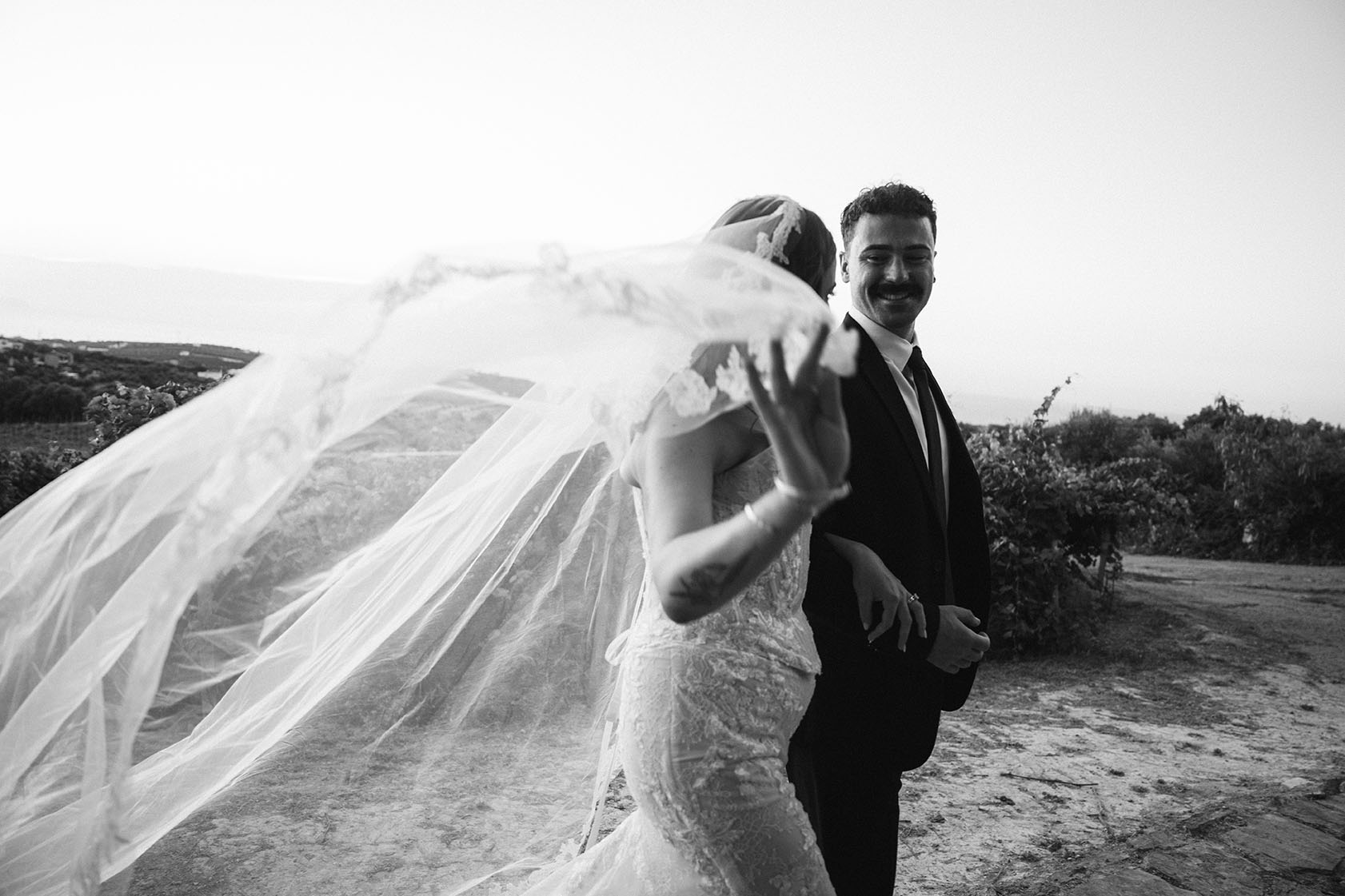 Renee and Daniel's Agreco Farm Wedding, Crete - black and white at sunset - Meredith Lord Photography Renee and Daniel's Agreco Farm Wedding, Crete - black and white at sunset